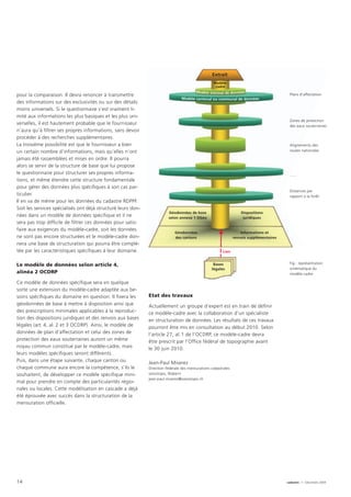 Lien
Fig.: représentation
schématique du
modèle-cadre
14 cadastre ·  1   · Décembre 2009
pour la comparaison. Il devra renoncer à transmettre
des informations sur des exclusivités ou sur des détails
moins universels. Si le questionnaire s’est vraiment li-
mité aux informations les plus basiques et les plus uni-
verselles, il est hautement probable que le fournisseur
n’aura qu’à filtrer ses propres informations, sans devoir
procéder à des recherches supplémentaires.
La troisième possibilité est que le fournisseur a bien
un certain nombre d’informations, mais qu’elles n’ont
jamais été rassemblées et mises en ordre. Il pourra
alors se servir de la structure de base que lui propose
le questionnaire pour structurer ses propres informa-
tions, et même étendre cette structure fondamentale
pour gérer des données plus spécifiques à son cas par-
ticulier.
Il en va de même pour les données du cadastre RDPPF.
Soit les services spécialisés ont déjà structuré leurs don-
nées dans un modèle de données spécifique et il ne
sera pas trop difficile de filtrer ces données pour satis-
faire aux exigences du modèle-cadre, soit les données
ne sont pas encore structurées et le modèle-cadre don-
nera une base de structuration qui pourra être complé-
tée par les caractéristiques spécifiques à leur domaine.
Le modèle de données selon article 4,  
alinéa 2 OCDRP
Ce modèle de données spécifique sera en quelque 	
sorte une extension du modèle-cadre adaptée aux be-
soins spécifiques du domaine en question. Il fixera les
géodonnées de base à mettre à disposition ainsi que
des prescriptions minimales applicables à la reproduc-
tion des dispositions juridiques et des renvois aux bases
légales (art. 4, al.  2 et 3 OCDRP). Ainsi, le modèle de
données de plan d’affectation et celui des zones de
protection des eaux souterraines auront un même
noyau commun constitué par le modèle-cadre, mais
leurs modèles spécifiques seront différents.
Puis, dans une étape suivante, chaque canton ou
chaque commune aura encore la compétence, s’ils le
souhaitent, de développer ce modèle spécifique mini-
mal pour prendre en compte des particularités régio-
nales ou locales. Cette modélisation en cascade a déjà
été éprouvée avec succès dans la structuration de la
mensuration officielle.
Etat des travaux
Actuellement un groupe d’expert est en train de définir
ce modèle-cadre avec la collaboration d’un spécialiste
en structuration de données. Les résultats de ces travaux
pourront être mis en consultation au début 2010. Selon
l’article 27, al.  1 de l’OCDRP, ce modèle-cadre devra 	
être prescrit par l’Office fédéral de topographie avant 	
le 30 juin 2010.
Jean-Paul Miserez
Direction fédérale des mensurations cadastrales
swisstopo, Wabern
jean-paul.miserez@swisstopo.ch
Plans d’affectation
Zones de protection 	
des eaux souterraines
Alignements des 	
routes nationales
......
Distances par 	
rapport à la forêt
Modèle cantonal ou communal de données
Modèle minimal de données
Modèle-
cadre
Bases
légales
Géodonnées de base
selon annexe 1 OGéo
Géodonnées
des cantons
Dispositions
juridiques
Informations et
renvois supplémentaires
Extrait
 