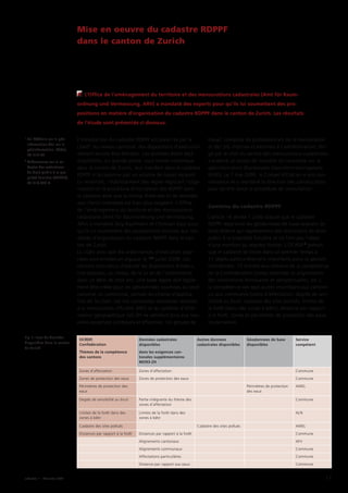 cadastre ·  1   · Décembre 2009 17
L’introduction du cadastre RDPPF est prescrite par la
LGéo1
. Au niveau cantonal, des dispositions d’exécution
doivent encore être édictées. Les données étant déjà
disponibles, en grande partie, sous forme numérique
dans le canton de Zurich, leur transfert dans le cadastre
RDPPF n’occasionne pas un volume de travail excessif.
En revanche, l’établissement des règles régissant l’orga-
nisation et la procédure d’inscription des RDPPF dans
le cadastre ainsi que la remise d’extraits et de données
aux clients intéressés est bien plus exigeant. L’Office
de l’aménagement du territoire et des mensurations
­cadastrales (Amt für Raumordnung und Vermessung,
ARV) a mandaté Jürg Kaufmann et Christian Kaul pour
qu’ils lui soumettent des propositions relatives aux mo-
dalités d’organisation du cadastre RDPPF dans le can-
ton de Zurich.
La LGéo ainsi que dix ordonnances d’exécution asso-
ciées sont entrées en vigueur le 1er
juillet 2008. Les
cantons sont tenus d’édicter les dispositions d’exécu-
tion requises, au niveau de la loi et de l’ordonnance,
dans un délai de trois ans. Une base légale doit égale-
ment être créée pour les géodonnées soumises au droit
cantonal ou communal, exclues du champ d’applica-
tion de la LGéo. Les lois cantonales existantes relatives
à la mensuration officielle (MO) et au système d’infor-
mation géographique GIS-ZH ne satisfont plus aux nou-
velles exigences juridiques et effectives. Un groupe de
travail, composé de professionnels de la mensuration 	
et des SIG internes et externes à l’administration, diri-
gé par le chef du service des mensurations cadastrales
a élaboré un projet de nouvelle loi cantonale sur la
géoinformation (Kantonales Geoinformationsgesetz,
KGIG). Le 7 mai 2009, le Conseil d’Etat en a pris con-
naissance et a mandaté la direction des constructions
pour qu’elle lance la procédure de consultation.
Contenu du cadastre RDPPF
L’article 16 alinéa 1 LGéo stipule que le cadastre 	
RDPPF répertorie les géodonnées de base relevant du
droit fédéral qui représentent des restrictions de droit
public à la propriété foncière et ne font pas l’objet
d’une mention au registre foncier. L’OCRDP  2
prévoit
que le cadastre se limite dans un premier temps à 	
17 objets particulièrement importants pour la gestion
immobilière. 10 d’entre eux relèvent de la compétence
de la Confédération (zones réservées et alignements
des installations ferroviaires et aéroportuaires, etc.), 	
la compétence des sept autres incombant aux cantons
ou aux communes (plans d’affectation, degrés de sen-
sibilité au bruit, cadastre des sites pollués, limites de 	
la forêt (dans des zones à bâtir), distance par rapport 	
à la forêt, zones et périmètres de protection des eaux
souterraines).
Mise en oeuvre du cadastre RDPPF  
dans le canton de Zurich
L’Office de l’aménagement du territoire et des mensurations cadastrales (Amt für Raum-
ordnung und Vermessung, ARV) a mandaté des experts pour qu’ils lui soumettent des pro-­
positions en matière d’organisation du cadastre RDPPF dans le canton de Zurich. Les résultats
de l’étude sont présentés ci-dessous.
1
	Loi fédérale sur la géo-
information (Loi sur la
géoinformation, LGéo),
RS 510.62
2
	Ordonnance sur le ca-
dastre des restrictions 	
de droit public à la pro-
priété foncière (OCRDP),
RS 510.622.4
OCRDP,
Confédération
Thèmes de la compétence
des cantons
Données cadastrales
­disponibles
dans les exigences can-­
tonales supplémentaires
MO93-ZH
Autres données
­cadastrales disponibles
Géodonnées de base
disponibles
Service
compétent
Zones d’affectation Zones d’affectation Commune
Zones de protection des eaux Zones de protection des eaux Commune
Périmètres de protection des
eaux
Périmètres de protection
des eaux
AWEL
Degrés de sensibilité au bruit Partie intégrante du thème des
zones d’affectation
Commune
Limites de la forêt dans des
zones à bâtir
Limites de la forêt dans des
zones à bâtir
ALN
Cadastre des sites pollués Cadastre des sites pollués AWEL
Distances par rapport à la forêt Distances par rapport à la forêt Commune
Alignements cantonaux AFV
Alignements communaux   Commune
Affectations particulières Commune
Distance par rapport aux eaux    Commune
Fig.  1: Jeux de données
disponibles dans le canton
de Zurich
 