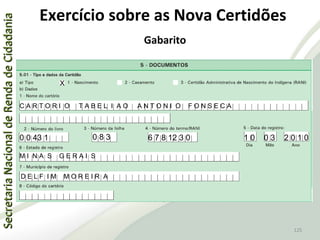 SecretariaNacionaldeRendadeCidadaniaSecretariaNacionaldeRendadeCidadania
125
SecretariaNacionaldeRendadeCidadaniaSecretariaNacionaldeRendadeCidadania
125
Exercício sobre as Nova Certidões
Gabarito
X
C A R T O R I O T A B E L I A O A N T O N I O F O N S E C A
0 0 43 1 0 8 3 6 7 8 12 3 0 1 0 0 3 2 0 1 0
M I N A S G E R A I S
D E L F I M M O R E I R A
 