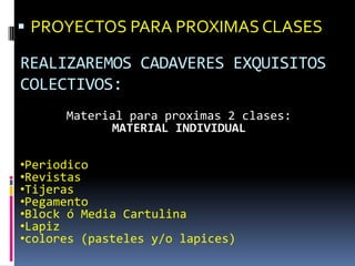 PROYECTOS PARA PROXIMAS CLASESREALIZAREMOS CADAVERES EXQUISITOS COLECTIVOS:Material paraproximas 2 clases:MATERIAL INDIVIDUALPeriodico