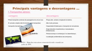 Principais vantagens e desvantagens …
1.Transportes aéreos:
-vantagens: -desvantagens:
-Pode transportar centenas de passageiros de uma só vez; -Preços alto, variado a longitude do destino;
-É comodo e rápido (não há transito neste transportes); -São muito pontuais;
-transporta mercadorias; -Capacidade limitada para o transporte de mercadorias
-Exige elevados investimentos e manutenção e
infraestruturas;
FIG 5-avião -Perda de tempo no embarque e no desembarque ;
-Localização problemáticos dos aeroportos;
 