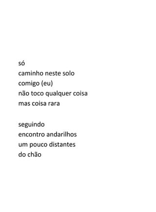 só
caminho neste solo
comigo (eu)
não toco qualquer coisa
mas coisa rara

seguindo
encontro andarilhos
um pouco distantes
do chão
 