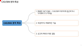 CAD/BIM 분야 특성
1. 특별한 SW가 필요 - CAD/BIM 데이터에 접근하거나
가시화하기가 어려움
2. 독점적이고 폐쇄적인 기술
3. 공간적 맥락과 약한 결합
3
CAD/BIM 분야 특성
 