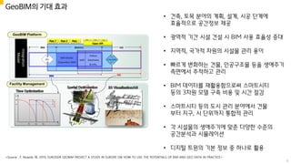 GeoBIM의 기대 효과
• 건축, 토목 분야의 계획, 설계, 시공 단계에
효율적으로 공간정보 제공
• 광역적 기간 시설 건설 시 BIM 사용 효율성 증대
• 지역적, 국가적 차원의 시설물 관리 용이
• 빠르게 변화하는 건물, 인공구조물 등을 생애주기
측면에서 추적하고 관리
• BIM 데이터를 재활용함으로써 스마트시티
등의 3차원 모델 구축 비용 및 시간 절감
• 스마트시티 등의 도시 관리 분야에서 건물
부터 지구, 시 단위까지 통합적 관리
• 각 시설물의 생애주기에 맞춘 다양한 수준의
공간분석과 시뮬레이션
• 디지털 트윈의 기본 정보 중 하나로 활용
<Source : F. Noardo 외, 2019, EUROSDR GEOBIM PROJECT A STUDY IN EUROPE ON HOW TO USE THE POTENTIALS OF BIM AND GEO DATA IN PRACTICE>
9
 