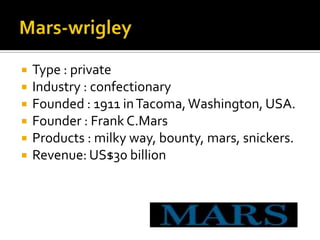 Mars-wrigleyType : privateIndustry : confectionaryFounded : 1911 in Tacoma, Washington, USA.Founder : Frank C.MarsProducts : milky way, bounty, mars, snickers.Revenue: US$30 billion