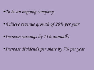 •To be an ongoing company.

•Achieve revenue growth of 20% per year

•Increase earnings by 15% annually

•Increase dividends per share by 7% per year
 