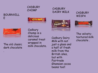 CADBURY
                                    CADBURY
                  CHOMP
                                    DAIRY MILK         CADBURY
BOURNVILL                                              WISPA
E



                  Cadbury
                  Chomp is a                           The velvety-
                  delicious                            textured milk
                                    Cadbury Dairy
                  caramel treat                        chocolate .
                                    Milk with not
                  wrapped in
The old classic                     just a glass and
                  milk chocolate.
dark chocolate                      a half of fresh
.                                   milk from the
                                    British isles,
                                    but with
                                    Fairtrade
                                    Ghanaian cocoa
                                    beans too!!
 