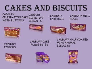 cakes and biscuits
CADBURY          CADBURY        CADBURY     CADBURY MINI
CELEBRATION CAKE DIGESTIVE
                                CAKE BARS   ROLLS
WITH BUTTONS     BISCUITS




                                    CADBURY HALF COATED
                 CADBURY CAKE       MINI ANIMAL
CADBURY           FUDGE BITES       BISCUITS
FINGERS
 
