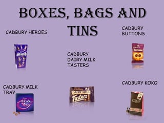 BOXES, BAGS AND
          TINS
CADBURY HEROES
                              CADBURY
                              BUTTONS



                 CADBURY
                 DAIRY MILK
                 TASTERS


                              CADBURY KOKO
CADBURY MILK
TRAY
 
