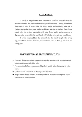 CONCLUSION


           A survey of the people has been conducted to know the liking pattern of the
   products Cadbury. It is observed that overall people like to eat Cadbury brand rather
   than Nestle or other. It is concluded that mostly people preferred Dairy Milk Silk of
   Cadbury due to its flavor/taste, quality and image and due to its hard form. Some
   people often like to have a chocolate with good flavor, quality and crunchiness so
   they are going towards Kit Kat and Munch of Nestle due to its taste and crunchiness.
           It is thus concluded from the facts collected that mostly people refer to buy
   big pack of their favorite chocolate, and sometimes some of them go for small and
   family pack.




           SUGGESTIONS AND RECOMMENDATIONS


 Company should concentrate more on television for advertisement, as mostly people
   get attracted through television only.
 For promotional offers, company should go for free gifts rather than going for other
   ways.
 Cadbury should concentrate on the shape of a chocolate.
 People are unsatisfied with the price and quantity of chocolate so companies should
   concentrate in this regard also.
 
