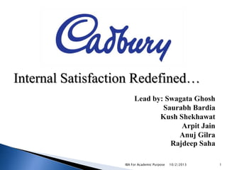 Internal Satisfaction Redefined…
Lead by: Swagata Ghosh
Saurabh Bardia
Kush Shekhawat
Arpit Jain
Anuj Gilra
Rajdeep Saha
IBA For Academic Purpose

10/2/2013

1

 