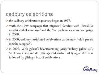 cadbury celebritions
 the cadbury celebrations journey began in 1997.
 With the 1999 campaign that surprised families with ‘diwali ki
meethi shubhkaamnaaye’ and the ‘har pal bane ek utsav’ campaign
in 2000.
 in 2000, cadbury positioned celebrations as the new ‘rakhi par ek
meetha sa uphar’.
 in 2002, With gulzar’s heartwarming lyrics ‘rishtey pakne do’,
‘aankhon se chakne do’, the age-old custom of tying a rakhi was
followed by gifting a box of celebrations.
 