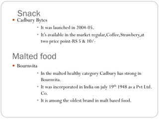 Snack
 Cadbury Bytes
• It was launched in 2004-05.
• It’s available in the market regular,Coffee,Strawbery,at
two price point-RS 5 & 10/-
Malted food
 Bournvita
• In the malted healthy category Cadbury has strong in
Bournvita.
• It was incorporated in India on july 19th 1948 as a Pvt Ltd.
Co.
• It is among the oldest brand in malt based food.
 