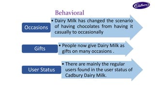Behavioral 
• Dairy Milk has changed the scenario 
of having chocolates from having it 
casually to occasionally 
Occasions 
• People now give Dairy Milk as 
Gifts gifts on many occasions . 
• There are mainly the regular 
users found in the user status of 
Cadbury Dairy Milk. 
User Status 
 