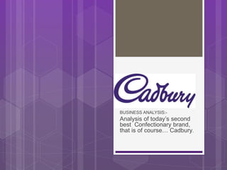 Cadbury
BUSINESS ANALYSIS:-
Analysis of today’s second
best Confectionary brand,
that is of course… Cadbury.
 