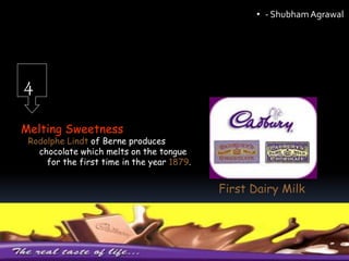 4
Melting Sweetness
Rodolphe Lindt of Berne produces
chocolate which melts on the tongue
for the first time in the year 1879.
First Dairy Milk
• - ShubhamAgrawal
 