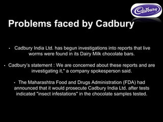 • Cadbury India Ltd. has begun investigations into reports that live
worms were found in its Dairy Milk chocolate bars.
• Cadbury’s statement : We are concerned about these reports and are
investigating it," a company spokesperson said.
• The Maharashtra Food and Drugs Administration (FDA) had
announced that it would prosecute Cadbury India Ltd. after tests
indicated "insect infestations" in the chocolate samples tested.
Problems faced by Cadbury
 