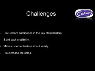 • To Restore confidence in the key stakeholders.
• Build back credibility.
• Make customer believe about safety.
• To increase the sales.
Challenges
 