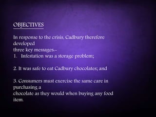 In response to the crisis, Cadbury therefore
developed
three key messages:-
1. Infestation was a storage problem;
2. It was safe to eat Cadbury chocolates; and
3. Consumers must exercise the same care in
purchasing a
chocolate as they would when buying any food
item.
OBJECTIVES
 