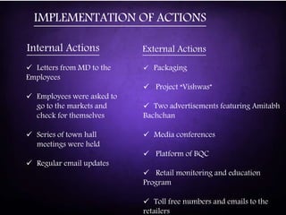  Packaging
 Project “Vishwas”
 Two advertisements featuring Amitabh
Bachchan
 Media conferences
 Platform of BQC
 Retail monitoring and education
Program
 Toll free numbers and emails to the
retailers
IMPLEMENTATION OF ACTIONS
Internal Actions
 Letters from MD to the
Employees
 Employees were asked to
go to the markets and
check for themselves
 Series of town hall
meetings were held
 Regular email updates
External Actions
 
