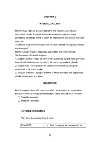 12
QUESTION 2
INTERNAL ANALYSIS
Internal study helps us discover strengths and weaknesses and gain
competitive benefit. Essential abilities have been incorporated in the
competitive advantage owing to which the organization can receive moderate
revenues.
To achieve competitive advantage the resources should be acquired, bundled
and leveraged.
Internal analysis includes resources, capabilities and competencies.
The framework of internal analysis -
1). Global economy - it can be achieved by overtaking current strategy by new
international strategies and by making the resources available globally.
2). Global mind - set to analyze the internal environment by taking into
consideration the broad market.
3). Analysis outcome - a proper analysis of which resources and capabilities
should be leveraged and when.
RESOURCES
Internal analysis starts with resources, which are assets of an organization.
Resources cover a concept of stakeholders. There are 2 types of resources -
1) Tangible resources
2) Intangible resources
TANGIBLE RESOURCES -
They have been divided into 4 parts:
FINANCIAL  Cadbury enjoys the because of their
 