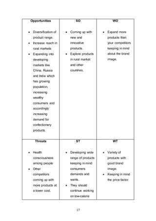 17
Opportunities
 Diversification of
product range.
 Increase reach in
rural markets
 Expanding into
developing
markets like
China, Russia
and India which
has growing
population,
increasing
wealthy
consumers and
accordingly
increasing
demand for
confectionery
products.
SO
 Coming up with
new and
innovative
products.
 Explore products
in rural market
and other
countries.
WO
 Expand more
products than
your competitors
keeping in mind
about the brand
image.
Threats
 Health
consciousness
among people
 Other
competitors
coming up with
more products at
a lower cost.
ST
 Developing wide
range of products
keeping in mind
consumers
demands and
wants.
 They should
continue working
on low-calorie
WT
 Variety of
products with
good brand
image.
 Keeping in mind
the price factor.
 