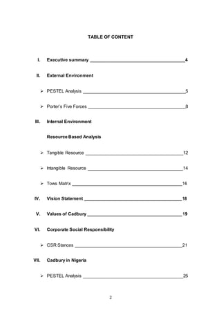 2
TABLE OF CONTENT
I. Executive summary ______________________________________4
II. External Environment
 PESTEL Analysis _________________________________________5
 Porter’s Five Forces _______________________________________8
III. Internal Environment
Resource Based Analysis
 Tangible Resource _______________________________________12
 Intangible Resource ______________________________________14
 Tows Matrix ____________________________________________16
IV. Vision Statement _______________________________________18
V. Values of Cadbury ______________________________________19
VI. Corporate Social Responsibility
 CSR Stances ___________________________________________21
VII. Cadbury in Nigeria
 PESTEL Analysis ________________________________________25
 