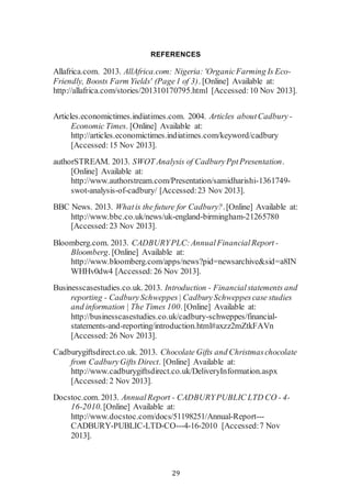 29
REFERENCES
Allafrica.com. 2013. AllAfrica.com: Nigeria: 'OrganicFarming Is Eco-
Friendly, Boosts Farm Yields' (Page1 of 3). [Online] Available at:
http://allafrica.com/stories/201310170795.html [Accessed:10 Nov 2013].
Articles.economictimes.indiatimes.com. 2004. Articles aboutCadbury -
Economic Times. [Online] Available at:
http://articles.economictimes.indiatimes.com/keyword/cadbury
[Accessed:15 Nov 2013].
authorSTREAM. 2013. SWOT Analysis of CadburyPptPresentation.
[Online] Available at:
http://www.authorstream.com/Presentation/samidharishi-1361749-
swot-analysis-of-cadbury/ [Accessed:23 Nov 2013].
BBC News. 2013. Whatis the future for Cadbury?.[Online] Available at:
http://www.bbc.co.uk/news/uk-england-birmingham-21265780
[Accessed:23 Nov 2013].
Bloomberg.com. 2013. CADBURYPLC:AnnualFinancialReport -
Bloomberg. [Online] Available at:
http://www.bloomberg.com/apps/news?pid=newsarchive&sid=a8IN
WHHv0dw4 [Accessed:26 Nov 2013].
Businesscasestudies.co.uk. 2013. Introduction - Financialstatements and
reporting - CadburySchweppes| CadburySchweppescase studies
and information | The Times 100. [Online] Available at:
http://businesscasestudies.co.uk/cadbury-schweppes/financial-
statements-and-reporting/introduction.html#axzz2mZtkFAVn
[Accessed:26 Nov 2013].
Cadburygiftsdirect.co.uk. 2013. Chocolate Gifts and Christmaschocolate
from CadburyGifts Direct. [Online] Available at:
http://www.cadburygiftsdirect.co.uk/DeliveryInformation.aspx
[Accessed:2 Nov 2013].
Docstoc.com. 2013. AnnualReport - CADBURYPUBLIC LTD CO - 4-
16-2010. [Online] Available at:
http://www.docstoc.com/docs/51198251/Annual-Report---
CADBURY-PUBLIC-LTD-CO---4-16-2010 [Accessed:7 Nov
2013].
 
