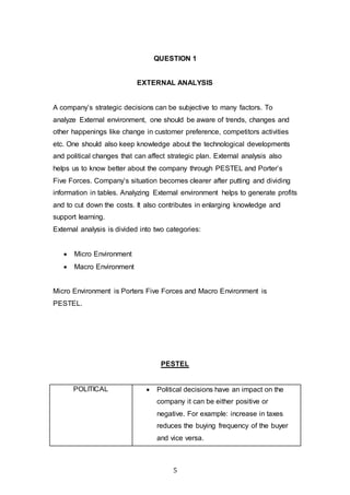 5
QUESTION 1
EXTERNAL ANALYSIS
A company’s strategic decisions can be subjective to many factors. To
analyze External environment, one should be aware of trends, changes and
other happenings like change in customer preference, competitors activities
etc. One should also keep knowledge about the technological developments
and political changes that can affect strategic plan. External analysis also
helps us to know better about the company through PESTEL and Porter’s
Five Forces. Company’s situation becomes clearer after putting and dividing
information in tables. Analyzing External environment helps to generate profits
and to cut down the costs. It also contributes in enlarging knowledge and
support learning.
External analysis is divided into two categories:
 Micro Environment
 Macro Environment
Micro Environment is Porters Five Forces and Macro Environment is
PESTEL.
PESTEL
POLITICAL  Political decisions have an impact on the
company it can be either positive or
negative. For example: increase in taxes
reduces the buying frequency of the buyer
and vice versa.
 