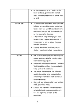 6
 As chocolates are not very healthy and it
leads to obesity, government is worried
about the heart problem that is costing a lot
for NHS.
ECONOMIC  An interest have an adverse affect on buying
behavior as interest increases, people tend
to save more and spend less and as income
decreases consumer are most likely to pay
on their craving for chocolate.
 If the minimum wage for employees were
brought down, it will decrease the cost for
the company as well as reduce the sales
from the consumers.
 Keeping heed of the Advertising sector,
Cadbury must lower its fund in advertising.
SOCIAL  Due to the increasing trend of eat and go in
people nowadays, vending machine culture
has become very popular.
 Locals with small enterprises near Cadbury’s
World would benefit from the money that is
being spent by its customers.
 The people read about the raw materials
used in the making of the product before
consuming it due to their health conscious
nature these days.
 Dairy milk was to become fair trade certified
in UK. [Guardian, 2009]
 Cadbury has innovated to make its product
suitable for health conscious people, as it
was also a growing concern for the
government.
 