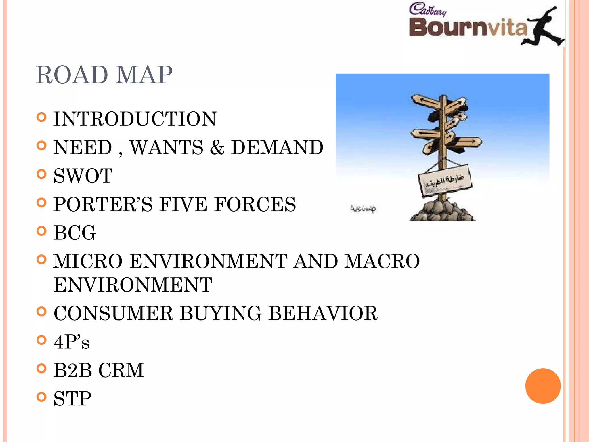 ROAD MAP
INTRODUCTION
NEED , WANTS & DEMAND
SWOT
PORTER’S FIVE FORCES
BCG
MICRO ENVIRONMENT AND MACRO
ENVIRONMENT
CONSUMER BUYING BEHAVIOR
4P’s
B2B CRM
STP