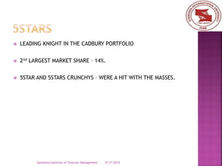  LEADING KNIGHT IN THE CADBURY PORTFOLIO 
 2nd LARGEST MARKET SHARE – 14%. 
 5STAR AND 5STARS CRUNCHYS – WERE A HIT WITH THE MASSES. 
Symbiosis Institute of Telecom Management 9/17/2014 
 