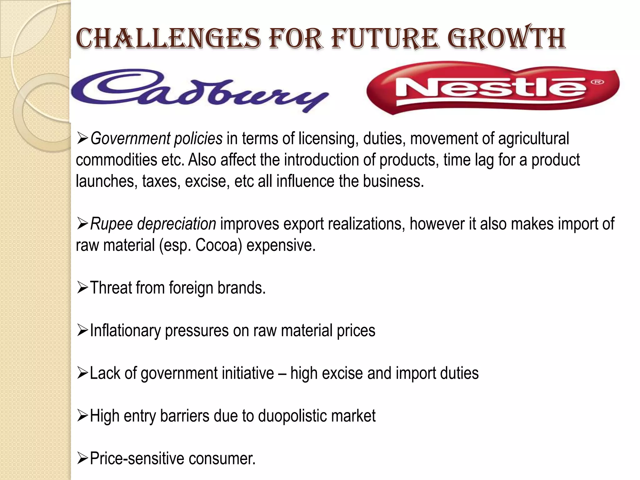 Challenges for future growth


Government policies in terms of licensing, duties, movement of agricultural
commodities etc. Also affect the introduction of products, time lag for a product
launches, taxes, excise, etc all influence the business.

Rupee depreciation improves export realizations, however it also makes import of
raw material (esp. Cocoa) expensive.

Threat from foreign brands.

Inflationary pressures on raw material prices

Lack of government initiative – high excise and import duties

High entry barriers due to duopolistic market

Price-sensitive consumer.
 