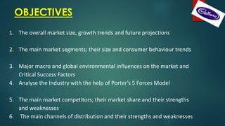 1. The overall market size, growth trends and future projections
2. The main market segments; their size and consumer behaviour trends
3. Major macro and global environmental influences on the market and
Critical Success Factors
4. Analyse the Industry with the help of Porter’s 5 Forces Model
5. The main market competitors; their market share and their strengths
and weaknesses
6. The main channels of distribution and their strengths and weaknesses
OBJECTIVES
 