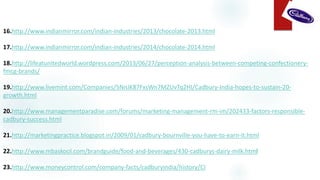 16.http://www.indianmirror.com/indian-industries/2013/chocolate-2013.html
17.http://www.indianmirror.com/indian-industries/2014/chocolate-2014.html
18.http://lifeatunitedworld.wordpress.com/2013/06/27/perception-analysis-between-competing-confectionery-
fmcg-brands/
19.http://www.livemint.com/Companies/5NnJK87FxsWn7MZUvTq2HI/Cadbury-India-hopes-to-sustain-20-
growth.html
20.http://www.managementparadise.com/forums/marketing-management-rm-im/202433-factors-responsible-
cadbury-success.html
21.http://marketingpractice.blogspot.in/2009/01/cadbury-bournville-you-have-to-earn-it.html
22.http://www.mbaskool.com/brandguide/food-and-beverages/430-cadburys-dairy-milk.html
23.http://www.moneycontrol.com/company-facts/cadburyindia/history/CI
 