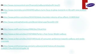 24.http://www.moneycontrol.com/financials/cadburyindia/profit-loss/CI
25.http://www.mxmindia.com/2014/09/cadbury-turns-focus-to-glow-moments-in-life-with-new-product-
launch/
26.http://www.politico.com/story/2014/10/ebola-chocolate-industry-africa-effects-111809.html
27.http://www.rankingthebrands.com/Brand-detail.aspx?brandID=192
28.http://www.rediff.com/money/2006/dec/24cad.htm
29.http://www.scribd.com/doc/175076860/Porter-s-Five-Forces-Model-cadbury
30.http://www.scribd.com/doc/35357589/study-of-consumer-prefarence-towards-cadbury-and-nestle-
chocolate
31.http://www.smithsonianmag.com/arts-culture/a-brief-history-of-chocolate-
21860917/#ux3DFOJEX3E6glBK.99
 