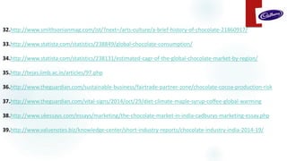 32.http://www.smithsonianmag.com/ist/?next=/arts-culture/a-brief-history-of-chocolate-21860917/
33.http://www.statista.com/statistics/238849/global-chocolate-consumption/
34.http://www.statista.com/statistics/238131/estimated-cagr-of-the-global-chocolate-market-by-region/
35.http://tejas.iimb.ac.in/articles/97.php
36.http://www.theguardian.com/sustainable-business/fairtrade-partner-zone/chocolate-cocoa-production-risk
37.http://www.theguardian.com/vital-signs/2014/oct/29/diet-climate-maple-syrup-coffee-global-warming
38.http://www.ukessays.com/essays/marketing/the-chocolate-market-in-india-cadburys-marketing-essay.php
39.http://www.valuenotes.biz/knowledge-center/short-industry-reports/chocolate-industry-india-2014-19/
 
