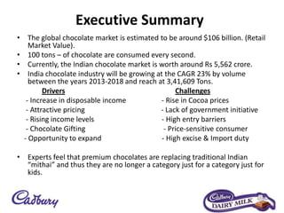 Executive Summary
• The global chocolate market is estimated to be around $106 billion. (Retail
Market Value).
• 100 tons – of chocolate are consumed every second.
• Currently, the Indian chocolate market is worth around Rs 5,562 crore.
• India chocolate industry will be growing at the CAGR 23% by volume
between the years 2013-2018 and reach at 3,41,609 Tons.
Drivers Challenges
- Increase in disposable income - Rise in Cocoa prices
- Attractive pricing - Lack of government initiative
- Rising income levels - High entry barriers
- Chocolate Gifting - Price-sensitive consumer
- Opportunity to expand - High excise & Import duty
• Experts feel that premium chocolates are replacing traditional Indian
“mithai” and thus they are no longer a category just for a category just for
kids.
 