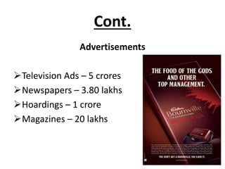 Cont.
Advertisements
Television Ads – 5 crores
Newspapers – 3.80 lakhs
Hoardings – 1 crore
Magazines – 20 lakhs

 
