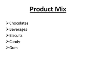 Product Mix
Chocolates
Beverages
Biscuits
Candy
Gum

 