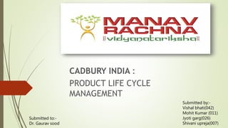 CADBURY INDIA :
PRODUCT LIFE CYCLE
MANAGEMENT
Submitted to:-
Dr. Gaurav sood
Submitted by:-
Vishal bhati(042)
Mohit Kumar (011)
Jyoti garg(026)
Shivani upreja(007)
 