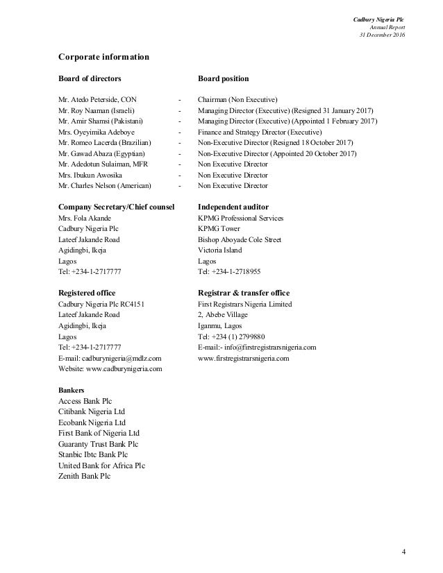 Cadbury Nigeria Annual Report 2016