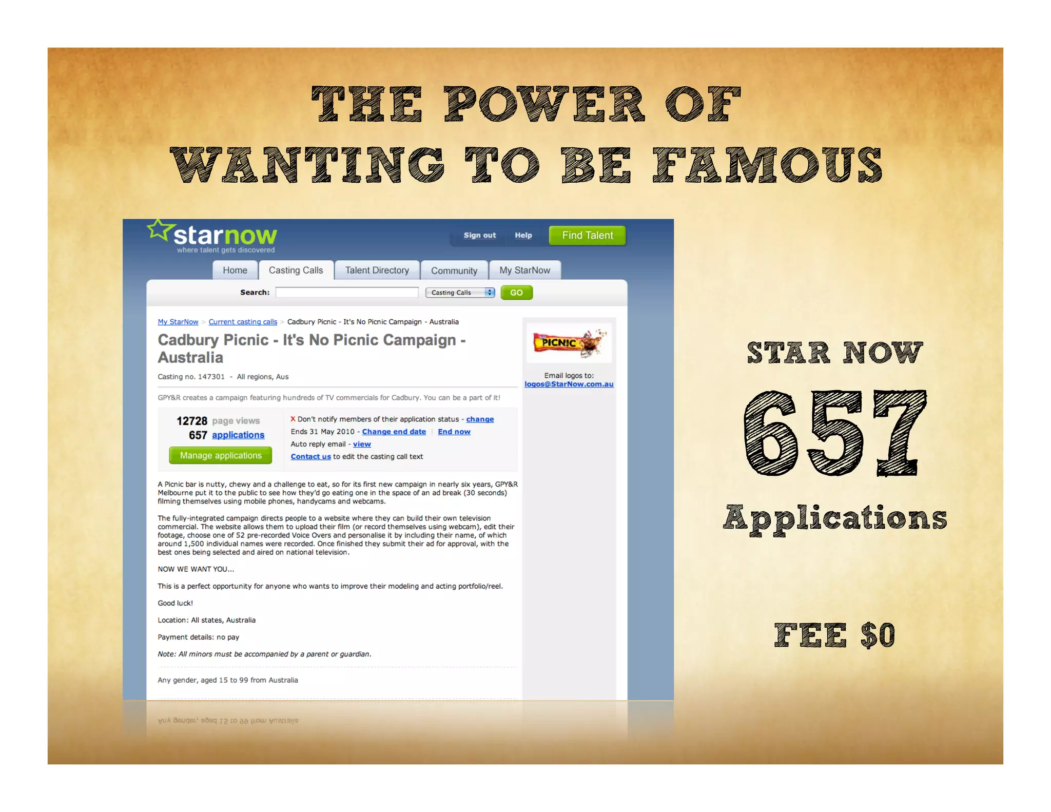 THE POWER OF
WANTING TO BE FAMOUS


                STAR NOW


               657
               Applications


                 FEE $0
 