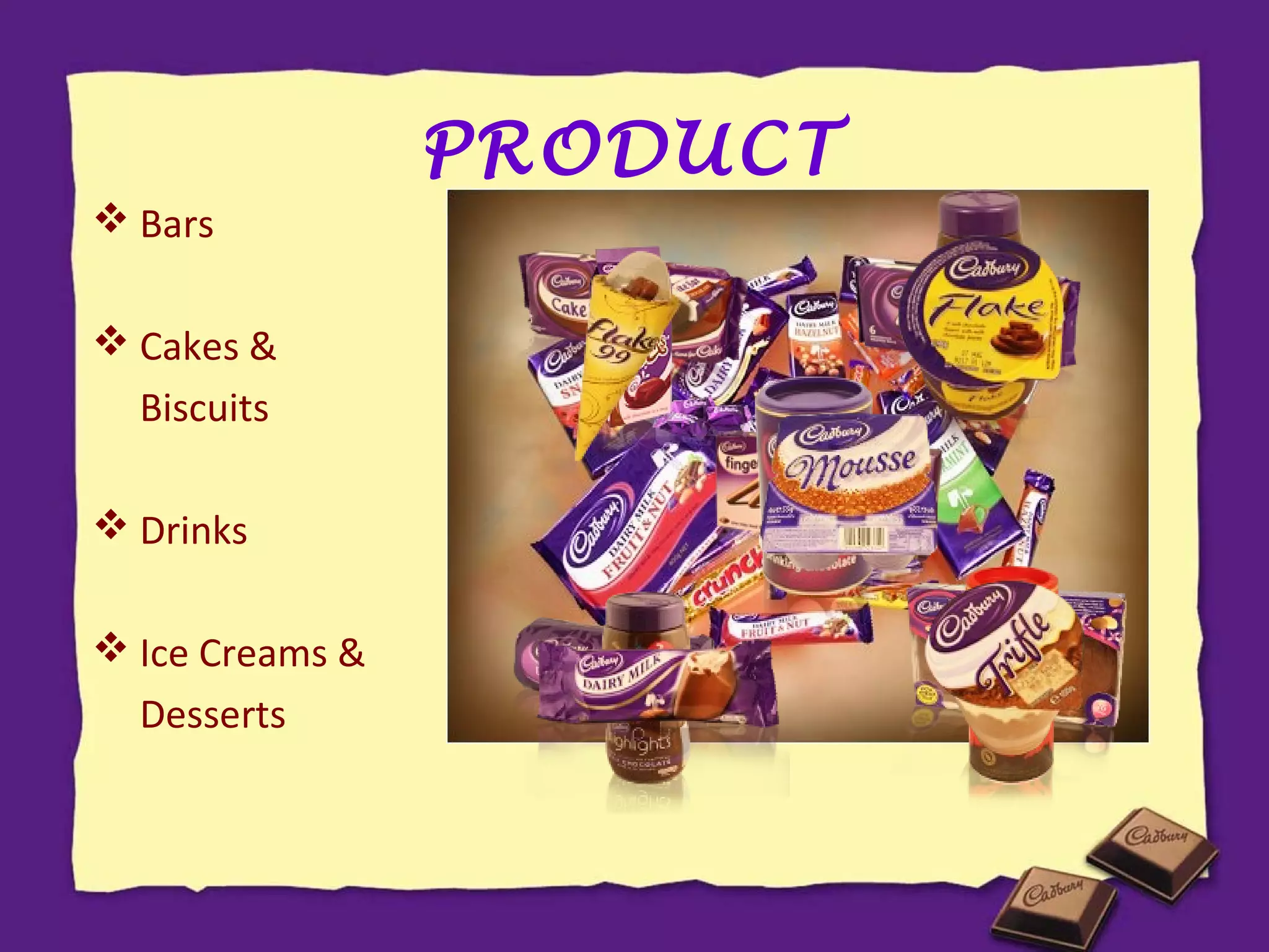 PRODUCT
 Bars
 Cakes &
Biscuits
 Drinks
 Ice Creams &
Desserts

 