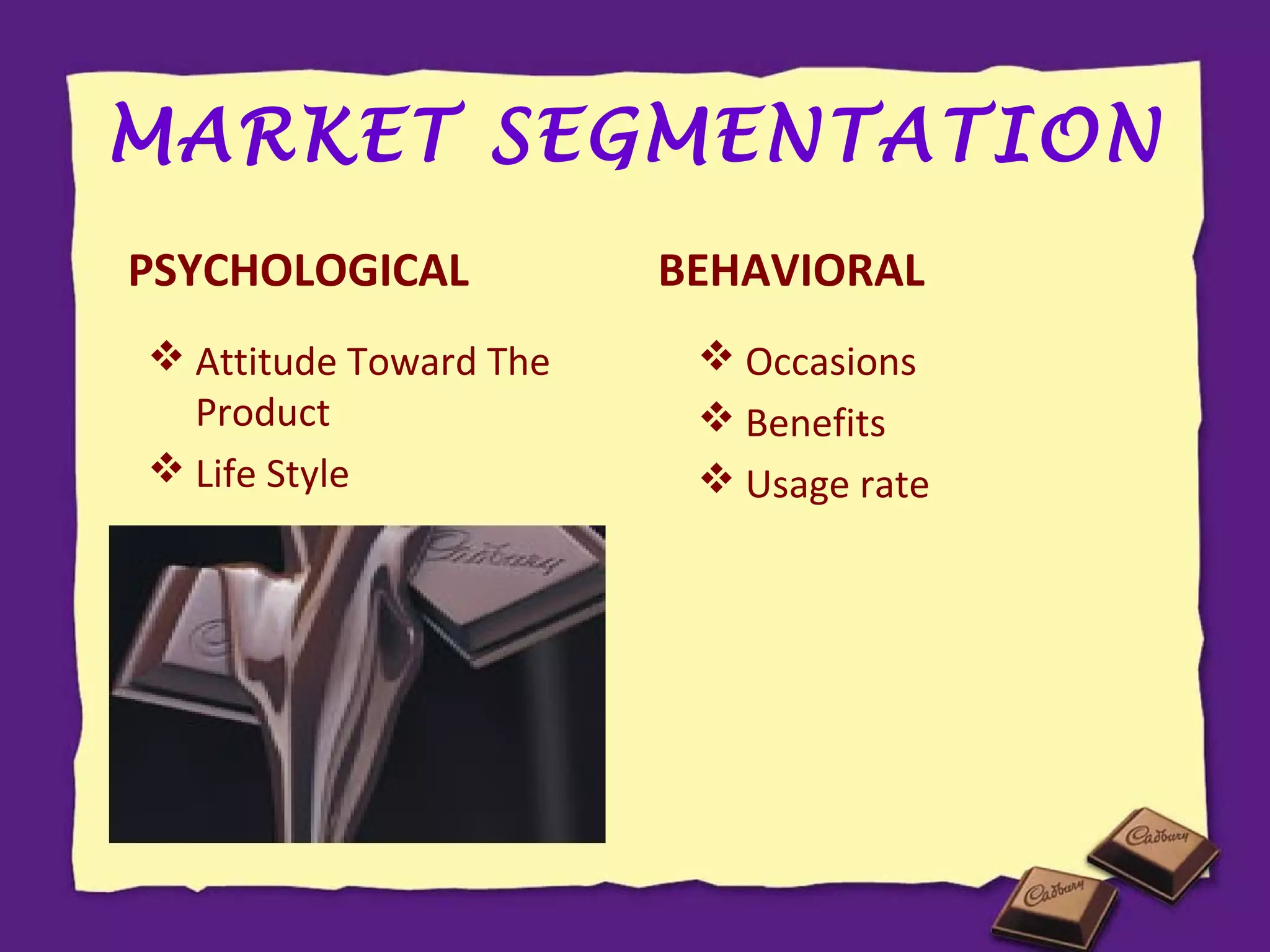 MARKET SEGMENTATION
PSYCHOLOGICAL
 Attitude Toward The
Product
 Life Style

BEHAVIORAL
 Occasions
 Benefits
 Usage rate

 