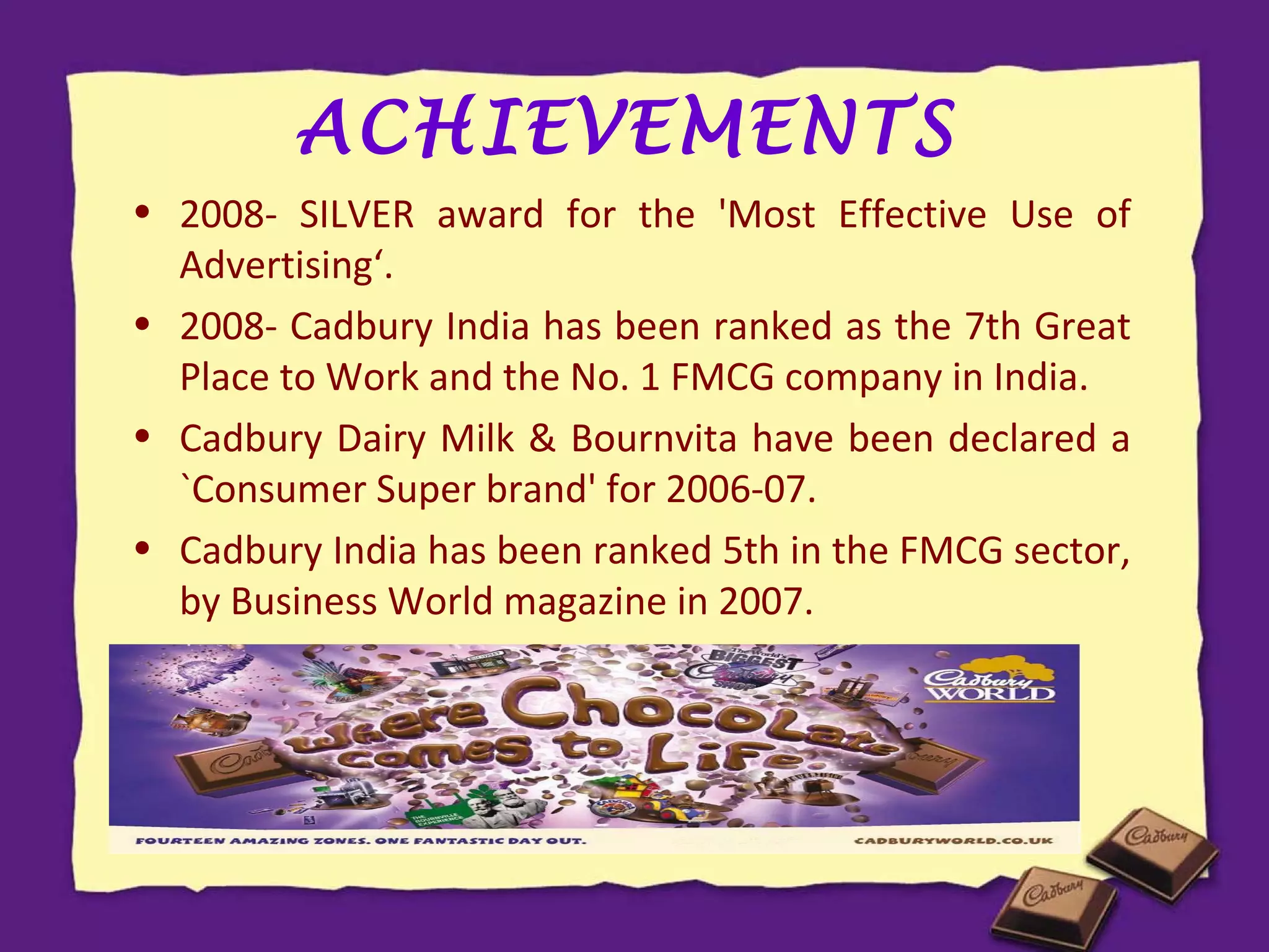 ACHIEVEMENTS
• 2008- SILVER award for the 'Most Effective Use of
Advertising‘.
• 2008- Cadbury India has been ranked as the 7th Great
Place to Work and the No. 1 FMCG company in India.
• Cadbury Dairy Milk & Bournvita have been declared a
`Consumer Super brand' for 2006-07.
• Cadbury India has been ranked 5th in the FMCG sector,
by Business World magazine in 2007.

 