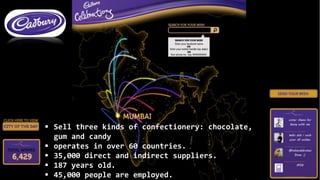  Sell three kinds of confectionery: chocolate,
gum and candy
 operates in over 60 countries.
 35,000 direct and indirect suppliers.
 187 years old.
 45,000 people are employed.
 
