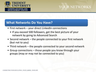 What Networks Do You Have?
• First network – your direct LinkedIn connections
• If you exceed 500 followers, get the best picture of your
network by going to Advanced Search
• Second network – the people connected to your first network
(but not to you)
• Third network – the people connected to your second network
• Group connections – those people you know through your
groups (may or may not be connected to you)
YOUR NETWORKS
 