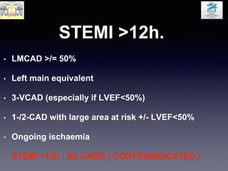 STEMI >12h.
• LMCAD >/= 50%
• Left main equivalent
• 3-VCAD (especially if LVEF<50%)
• 1-/2-CAD with large area at risk +/- LVEF<50%
• Ongoing ischaemia
• STEMI <12h : No CABG ( CONTRAINDICATED )
 
