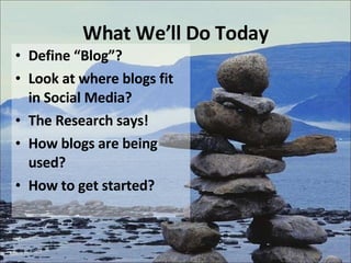 What We’ll Do Today Define “Blog”?  Look at where blogs fit in Social Media? The Research says! How blogs are being used? How to get started? 
